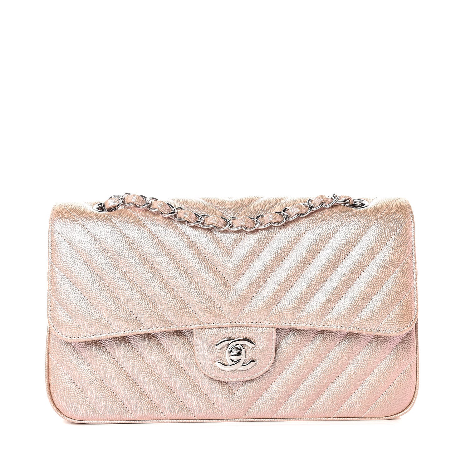 Metallic Caviar Chevron Quilted Medium Double Flap Light Gold