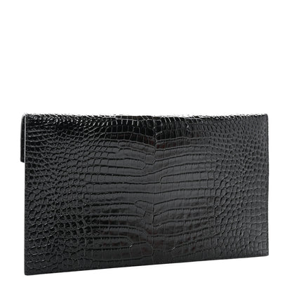 Saint Laurent Calfskin Crocodile Embossed Uptown Monogram Pouch Black 3 of 8