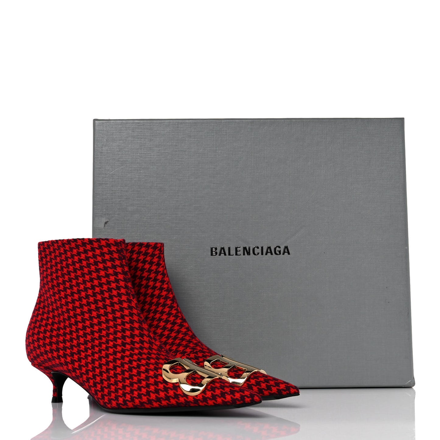 Wool Houndstooth BB Pointy Toe Ankle Booties 37 Red Black Gold