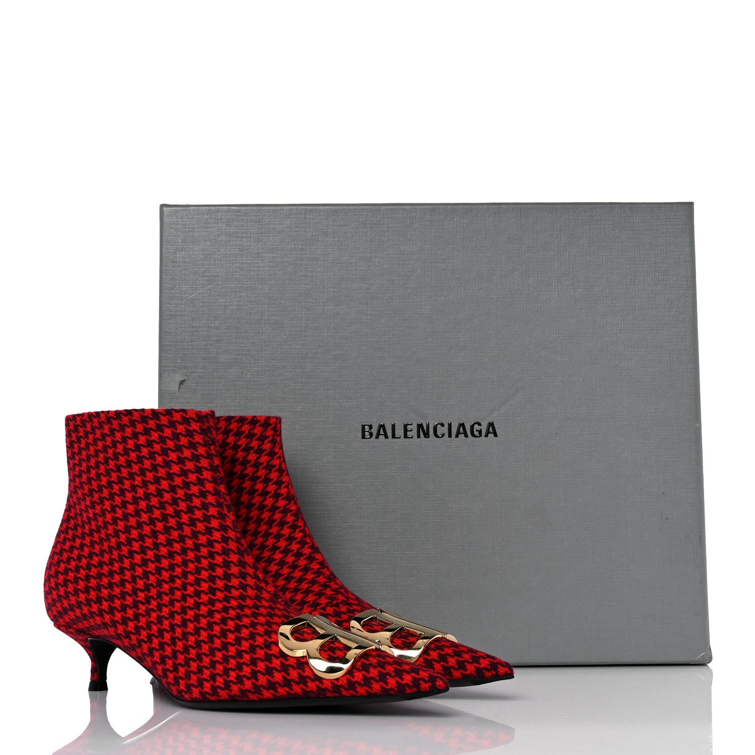 Balenciaga Wool Houndstooth BB Pointy Toe Ankle Booties 37 Red Black Gold 9 of 9
