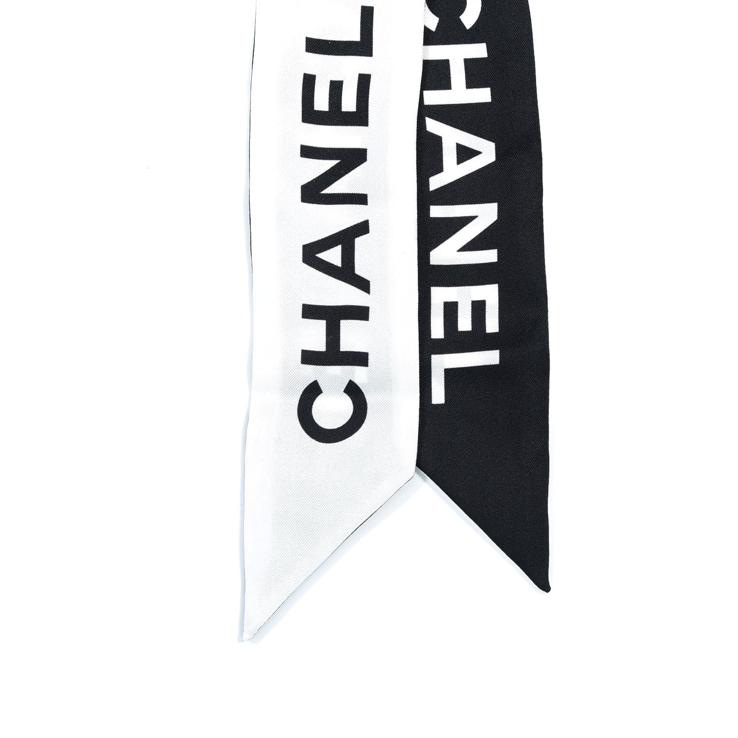 Chanel Silk Logo Slim Bandeau Scarf Black White 2 of 3
