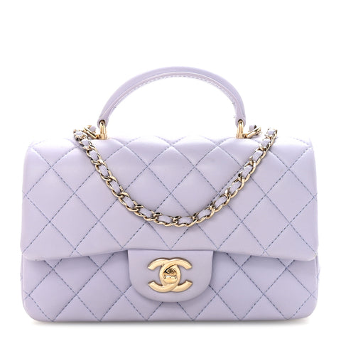Lambskin Quilted Mini Top Handle Rectangular Flap Light Purple