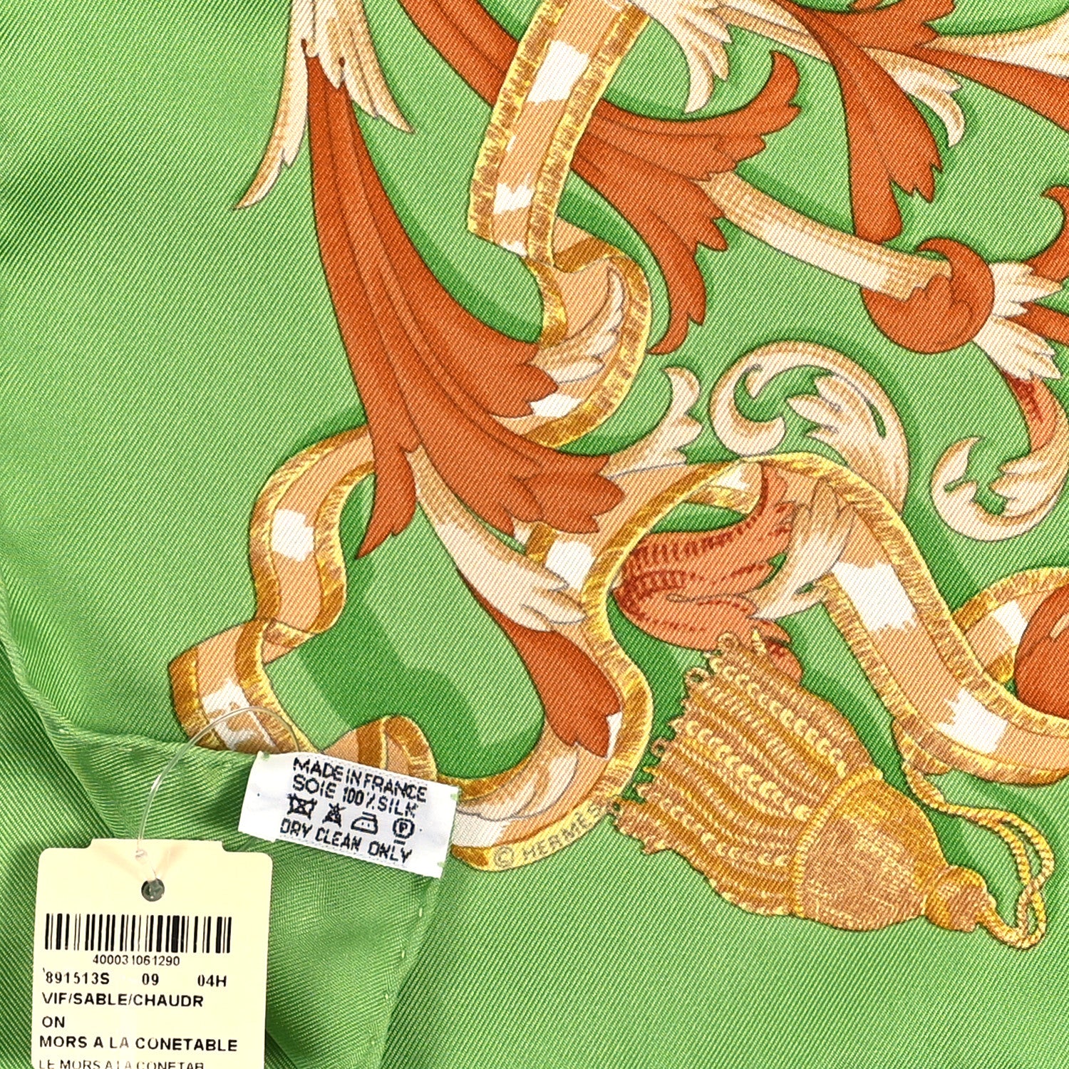 Hermes Silk Le Mors A La Conetable Pocket Square Vif Sable Chaudron 3 of 3