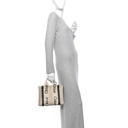 Chloe Linen Calfskin Small Woody Ribbon Tote White Black 2 of 14