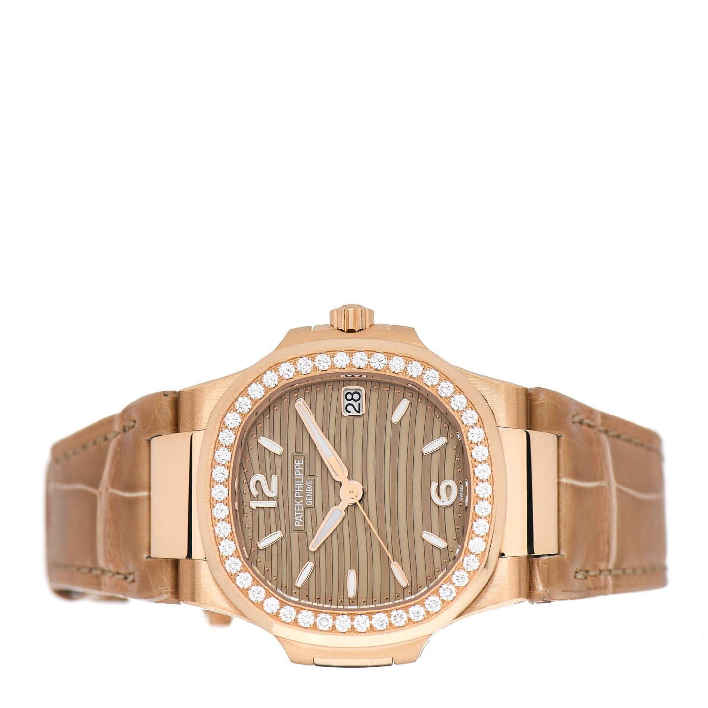 18K Rose Gold Alligator Diamond 32mm Nautilus Quartz Watch Brown 7010/1R-012