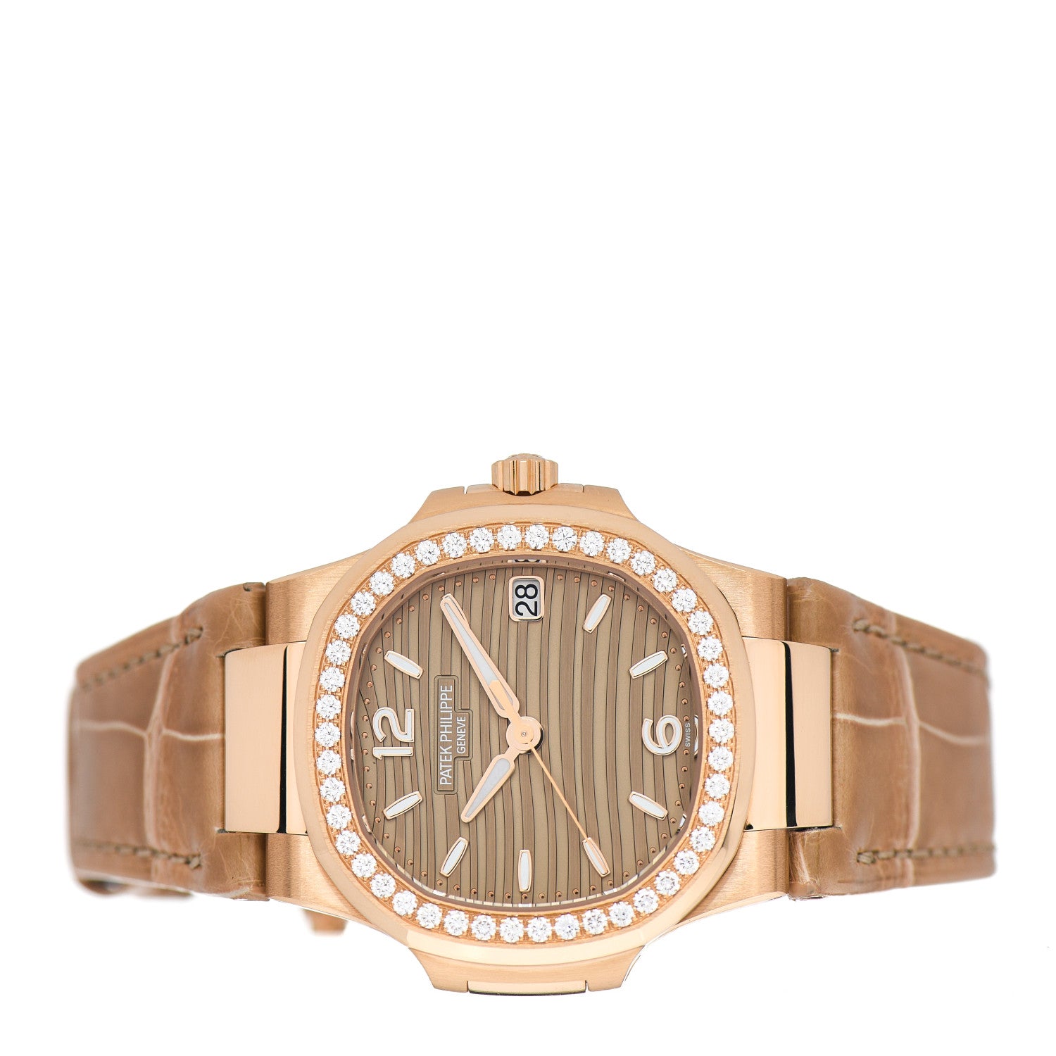 Patek Philippe 18K Rose Gold Alligator Diamond 32mm Nautilus Quartz Watch Brown 7010/1R-012 2 of 5