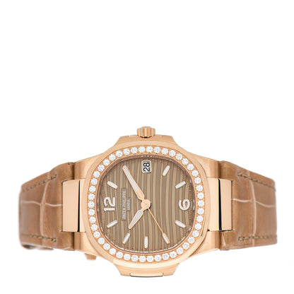 Patek Philippe 18K Rose Gold Alligator Diamond 32mm Nautilus Quartz Watch Brown 7010/1R-012 2 of 5