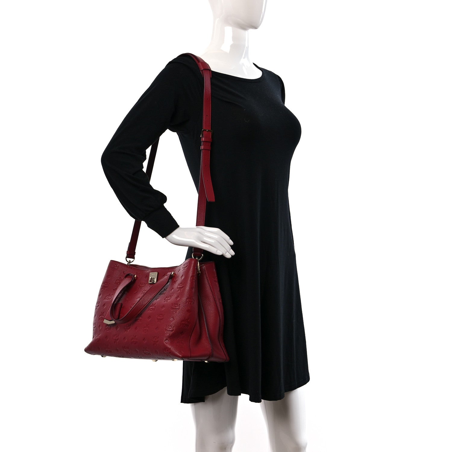 MCM Calfskin Ottomar Monogram Large Essential Tote Red 2 of 10