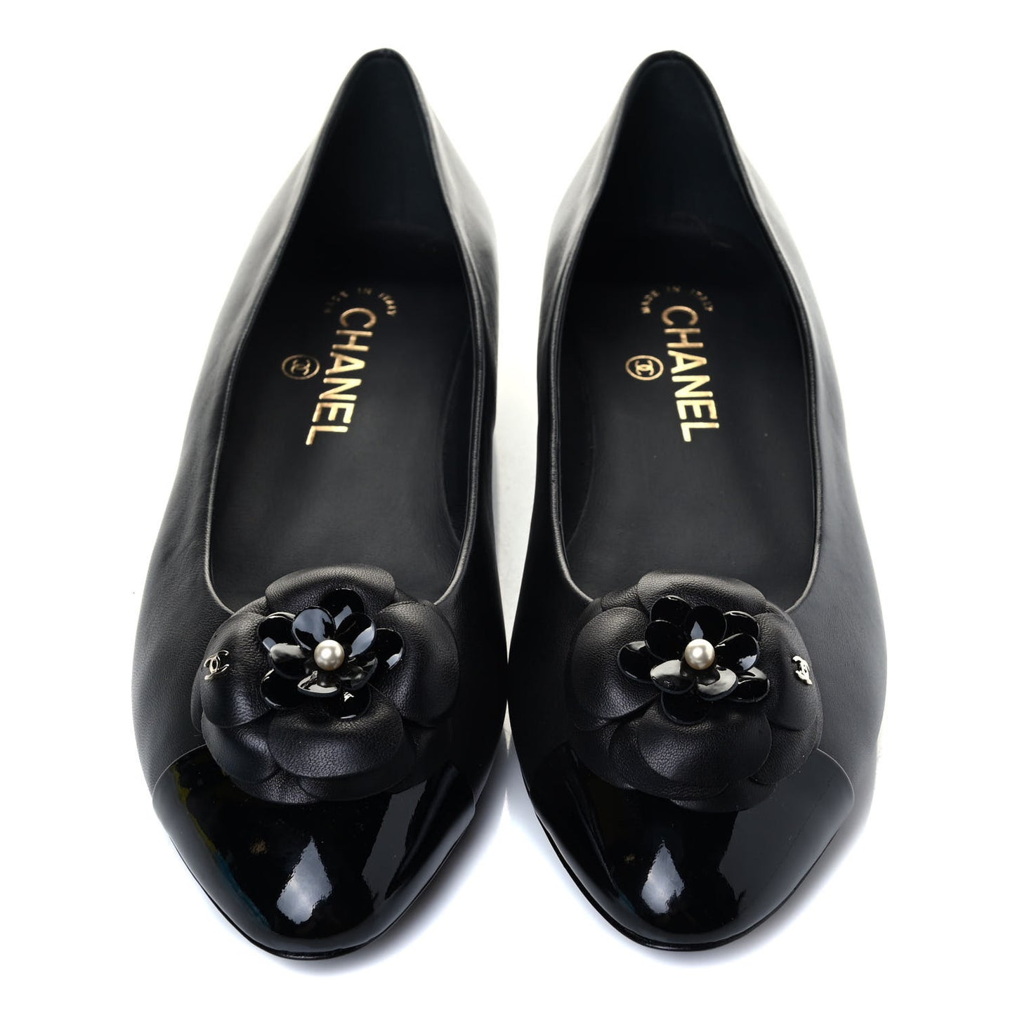 Lambskin Patent Cap Toe Camellia Ballerina Flats 38.5 Black