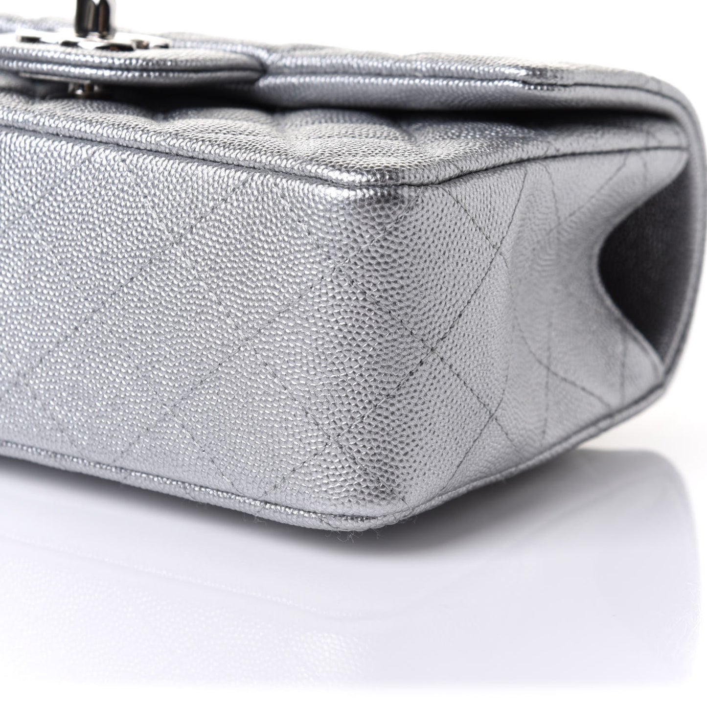 Metallic Caviar Quilted Mini Top Handle Rectangular Flap Silver