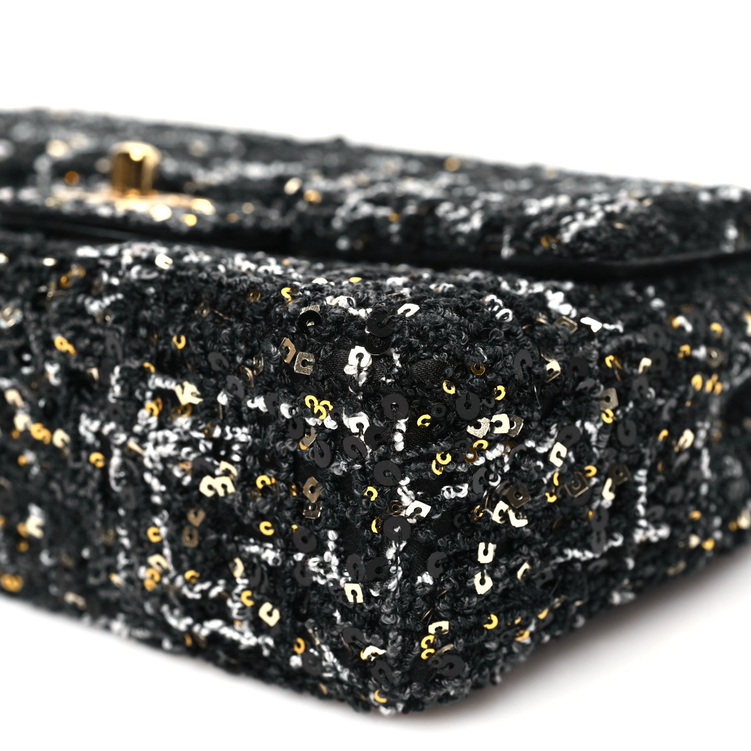 Chanel Tweed Sequin Small Single Flap Black Silvery Golden 10 of 11