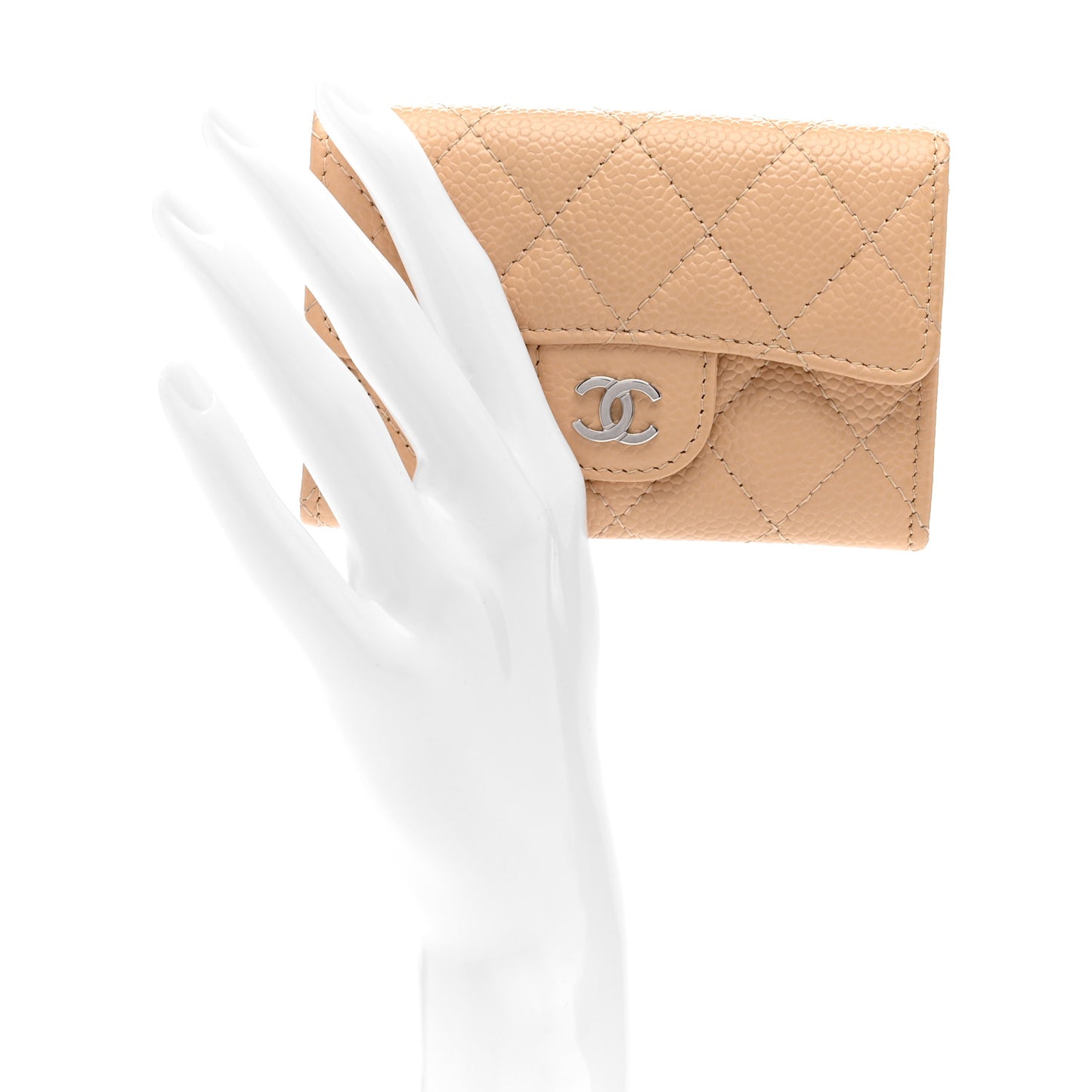 Caviar Quilted Flap Card Holder Wallet Beige