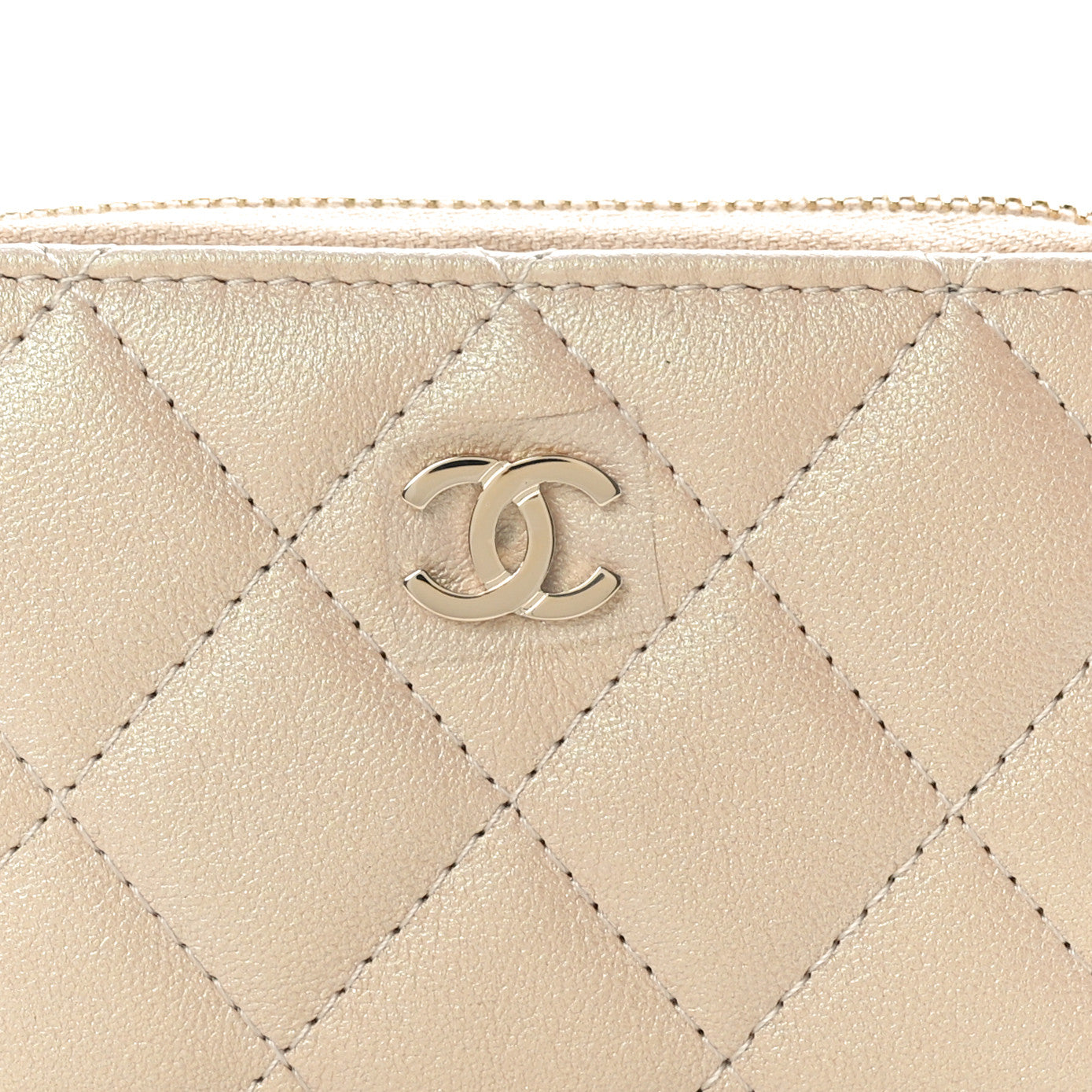 Iridescent Calfskin Quilted Zip Coin Purse Wallet Beige