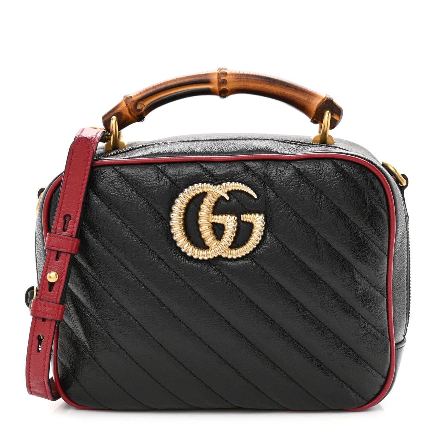 Vintage Effect Calfskin Matelasse Diagonal Small Torchon GG Marmont Bamboo Top Handle Shoulder Bag Black Romantic Cherry