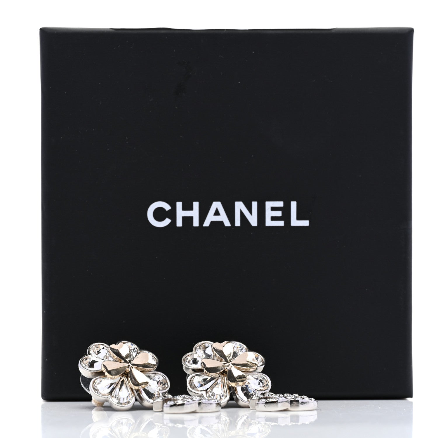 Chanel Crystal CC Clover Heart Drop Earrings Silver Gold 5 of 5