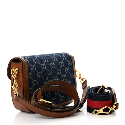 Gucci New Denim GG Monogram Dollar Calfskin Web Mini Horsebit 1955 Shoulder Bag Blue Tea Cuir Epilog 3 of 10