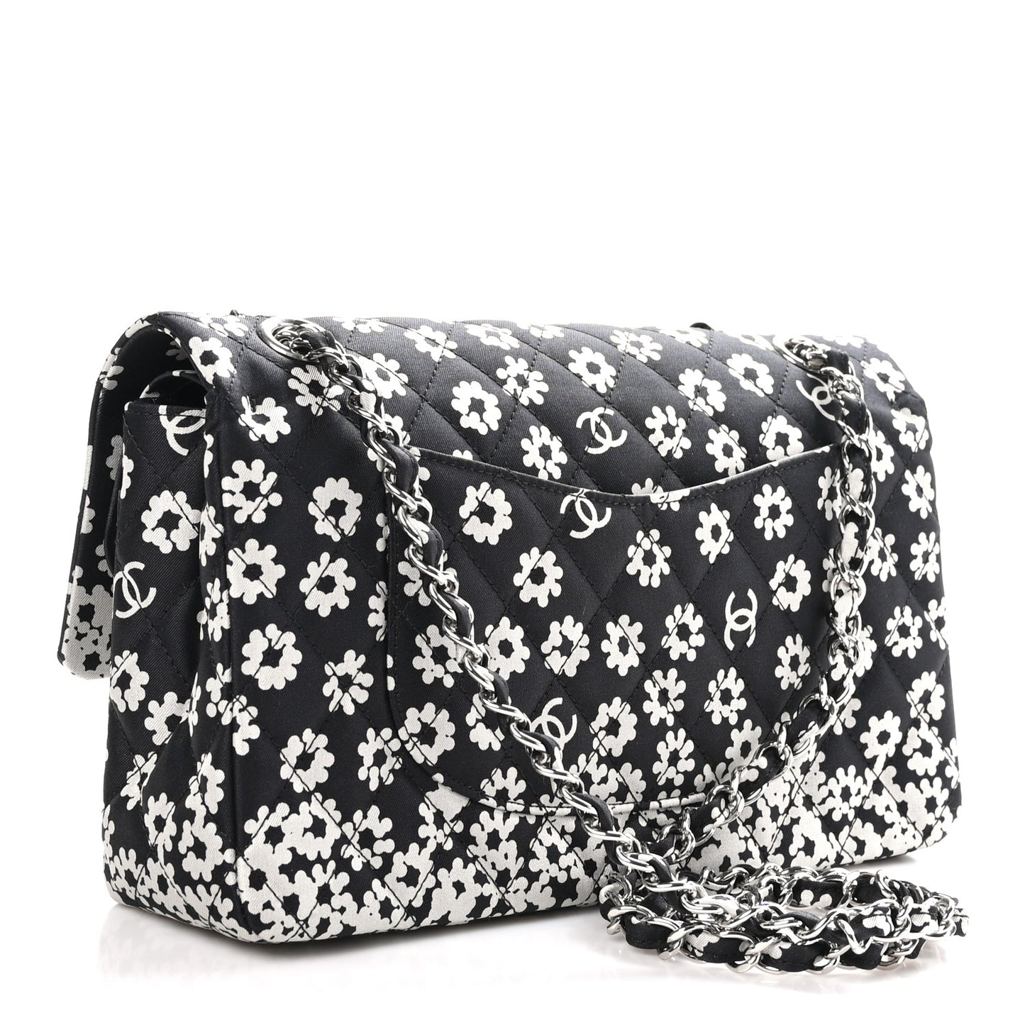 Canvas Floral Printed Quilted Medium Double Flap Black White