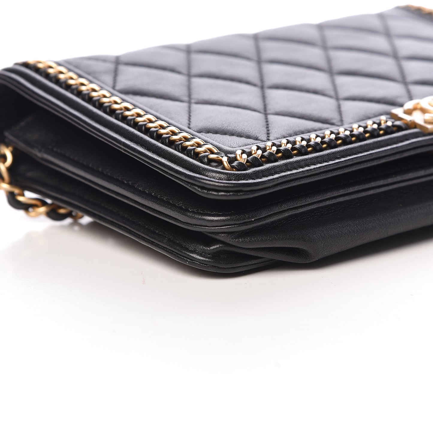 Calfskin Quilted Chain Around Boy Wallet On Chain WOC Black
