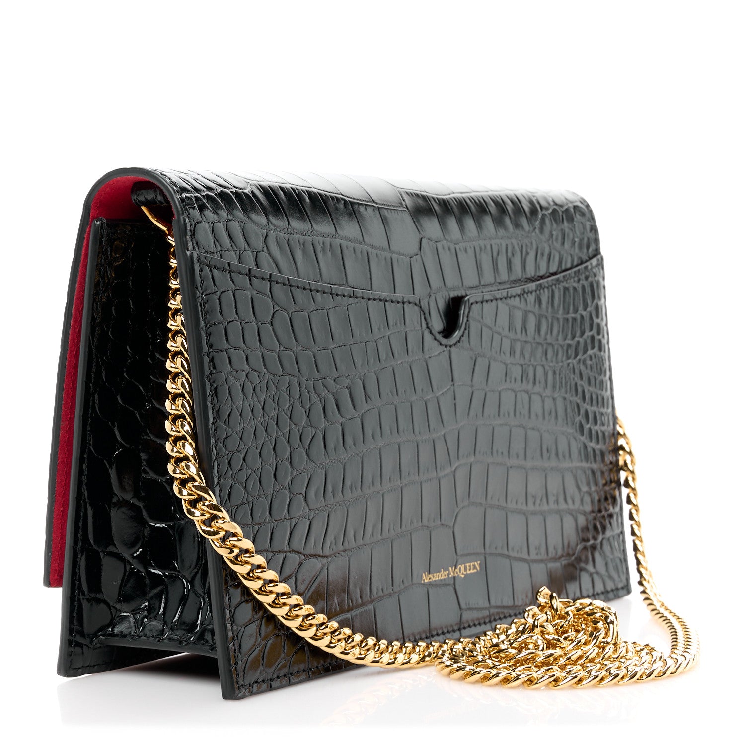 Alexander McQueen Calfskin Crocodile Embossed Skull Medium Shoulder Bag Black 3 of 11