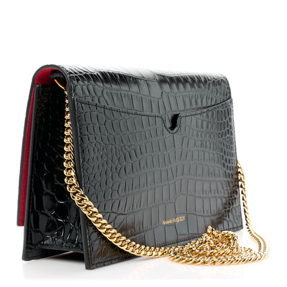 Alexander McQueen Calfskin Crocodile Embossed Skull Medium Shoulder Bag Black 3 of 11