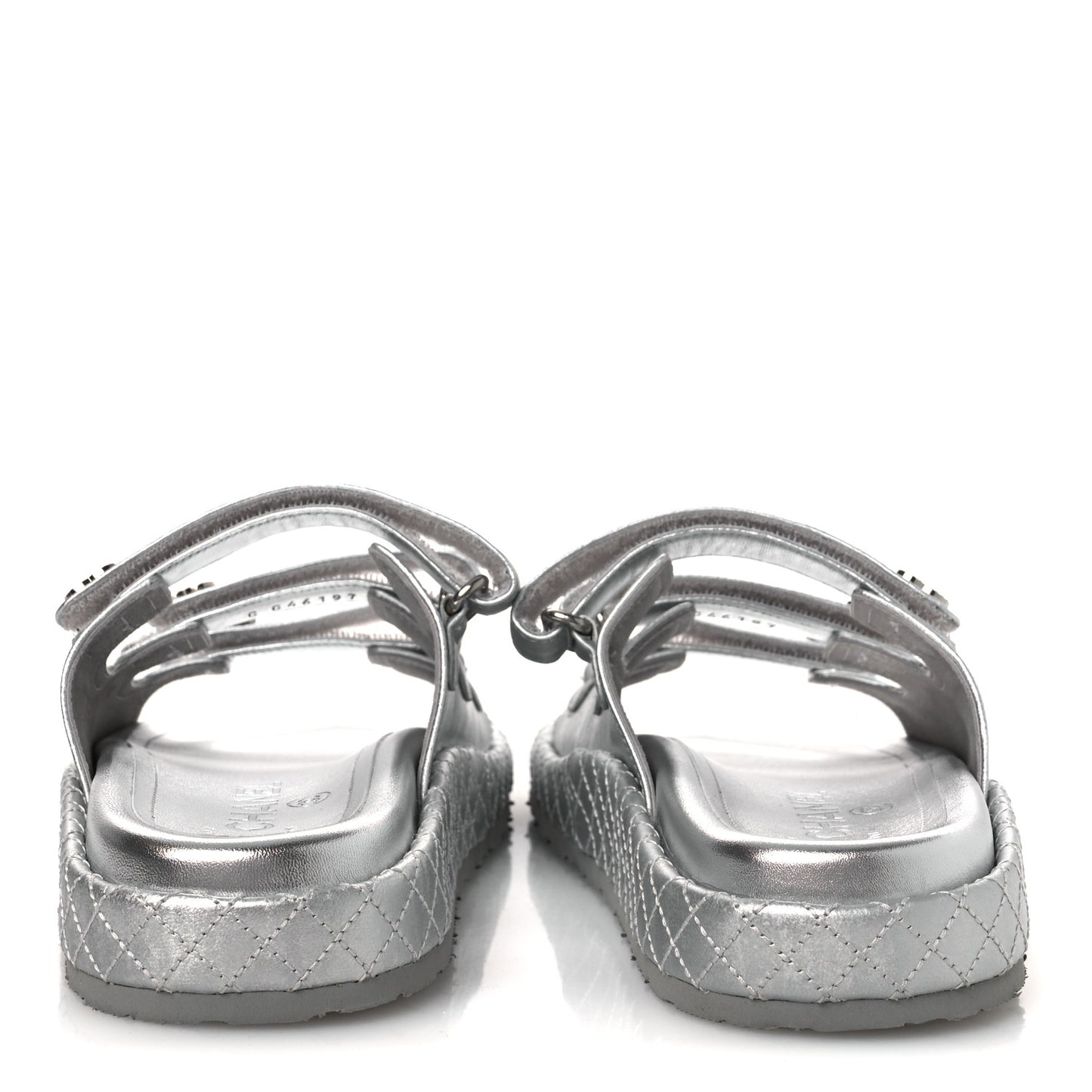 Laminated Lambskin Quilted Velcro Crystal CC Dad Slide Sandals Silver 37.5 Silver