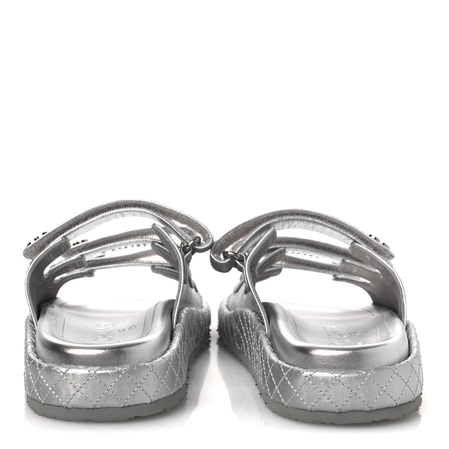 Chanel Laminated Lambskin Quilted Velcro Crystal CC Dad Slide Sandals Silver 37.5 Silver 6 of 11