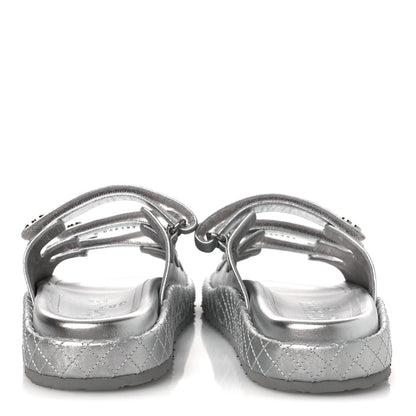 Chanel Laminated Lambskin Quilted Velcro Crystal CC Dad Slide Sandals Silver 37.5 Silver 6 of 11