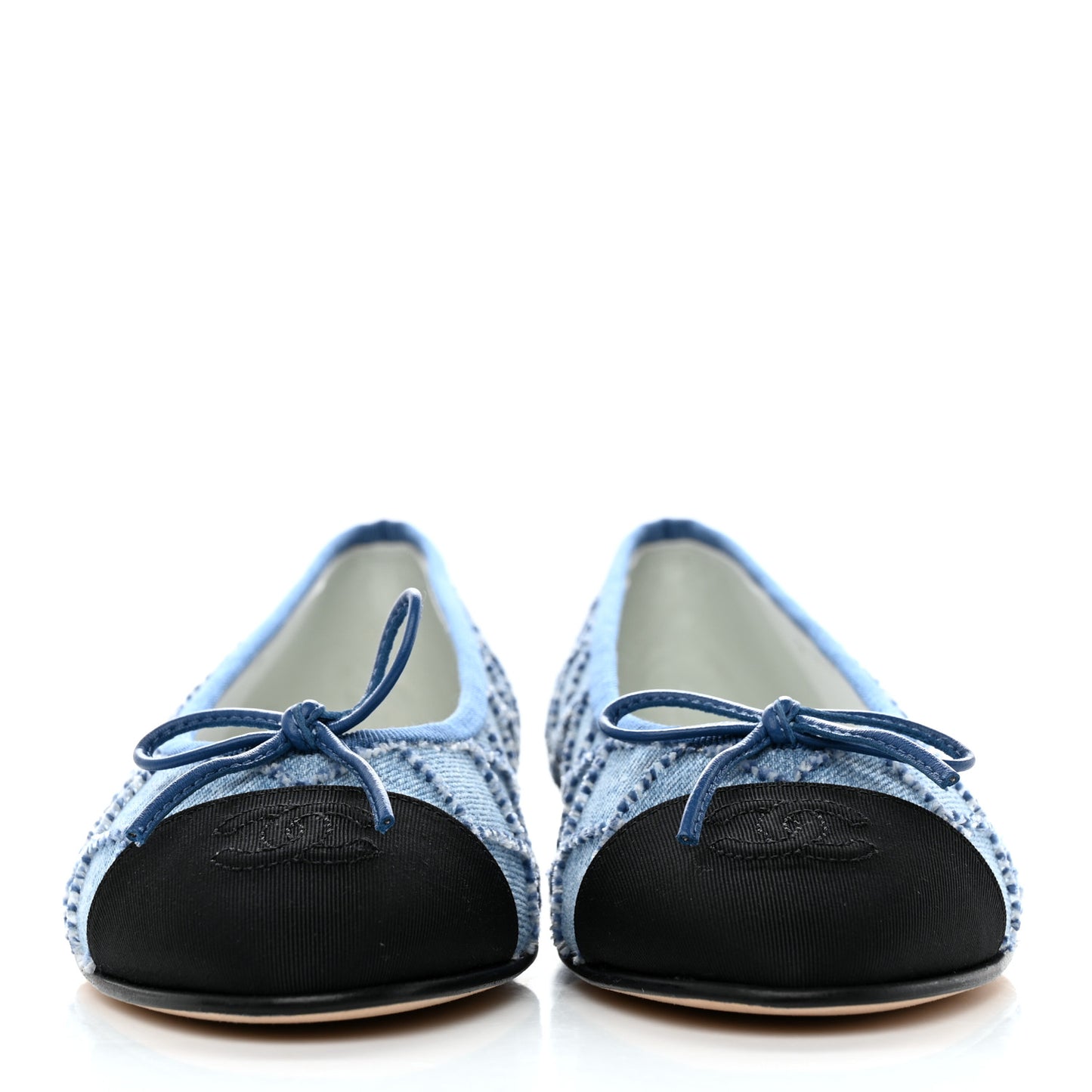 Denim Embroidered Grosgrain CC Cap Toe Ballerina Flats 37 Blue Black