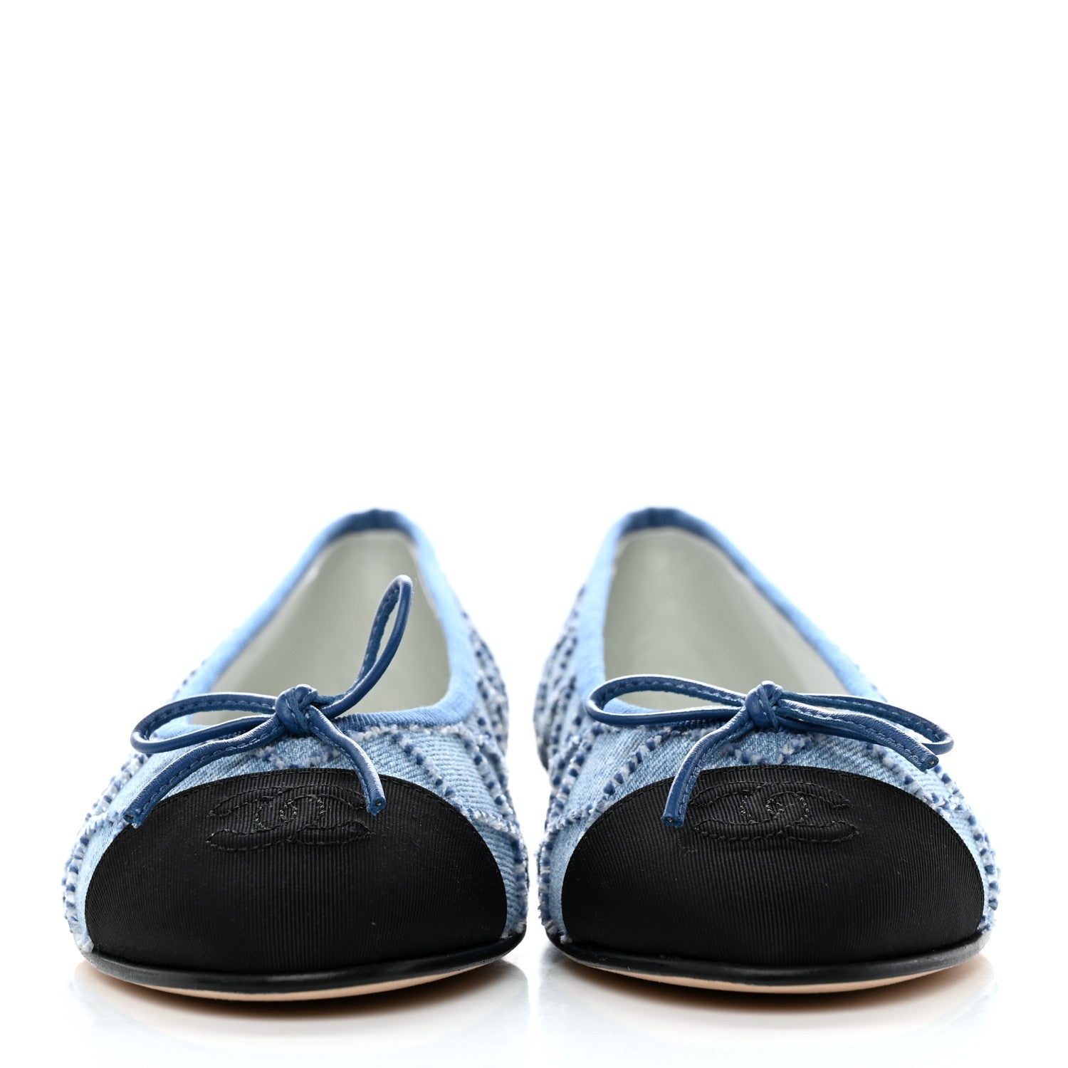 Chanel Denim Embroidered Grosgrain CC Cap Toe Ballerina Flats 37 Blue Black 2 of 9