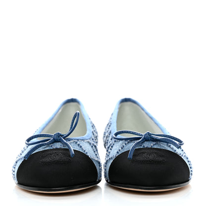 Chanel Denim Embroidered Grosgrain CC Cap Toe Ballerina Flats 37 Blue Black 2 of 9