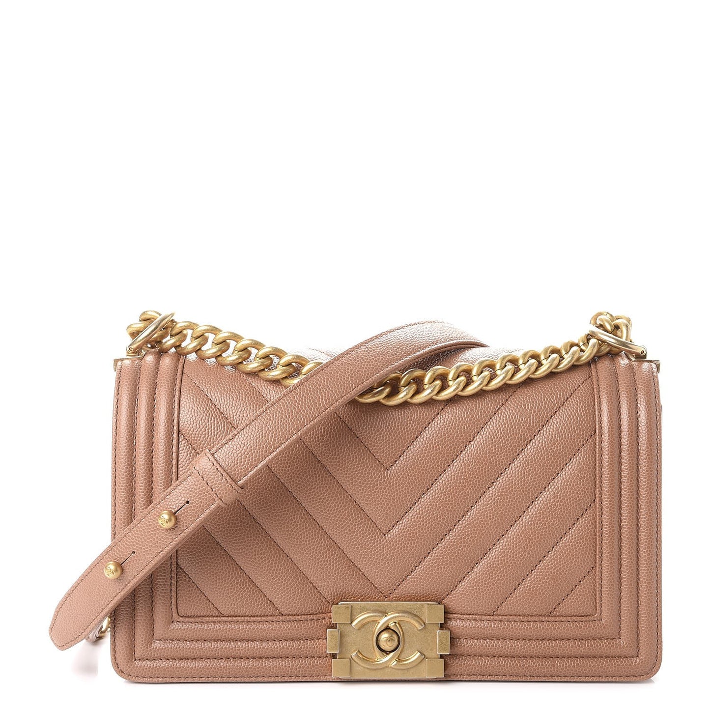 Caviar Chevron Quilted Medium Boy Flap Dark Beige