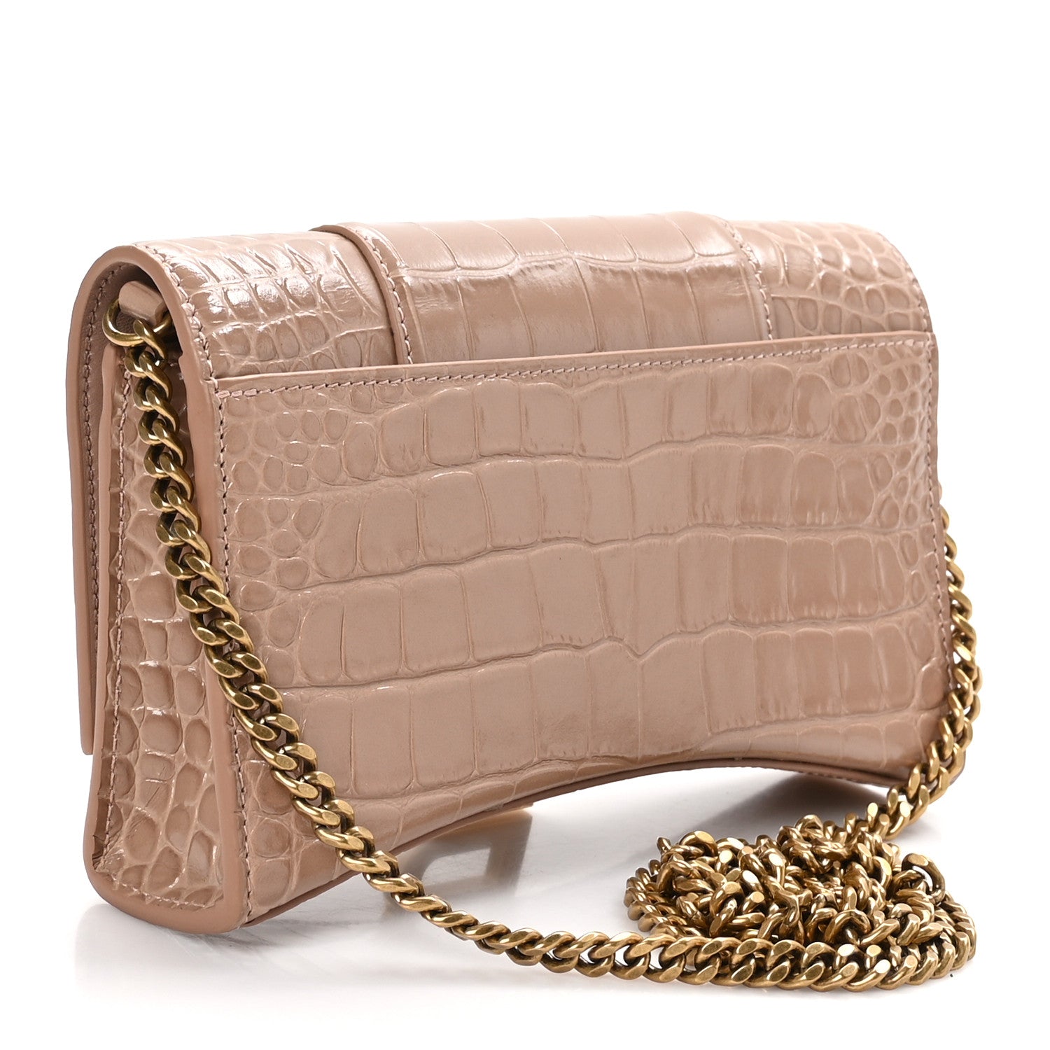 Balenciaga Shiny Calfskin Crocodile Embossed Hourglass Chain Bag Nude Beige 3 of 12