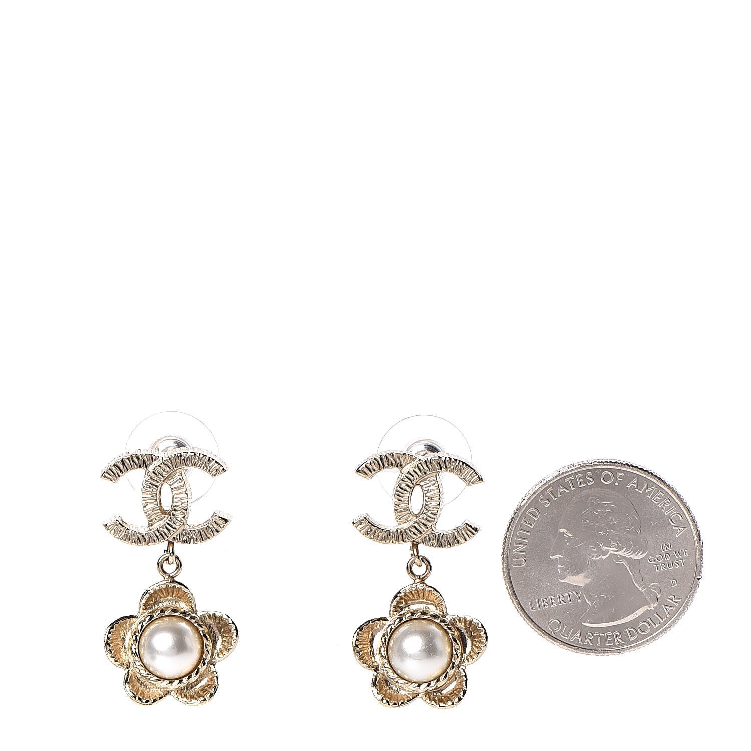 Chanel Pearl Camellia CC Drop Earrings Gold 2 of 4