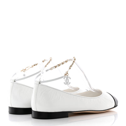 Chanel Shiny Lambskin Lambskin Metal Cap Toe Ankle Chain Ballerina Flats 38 White Black 4 of 17