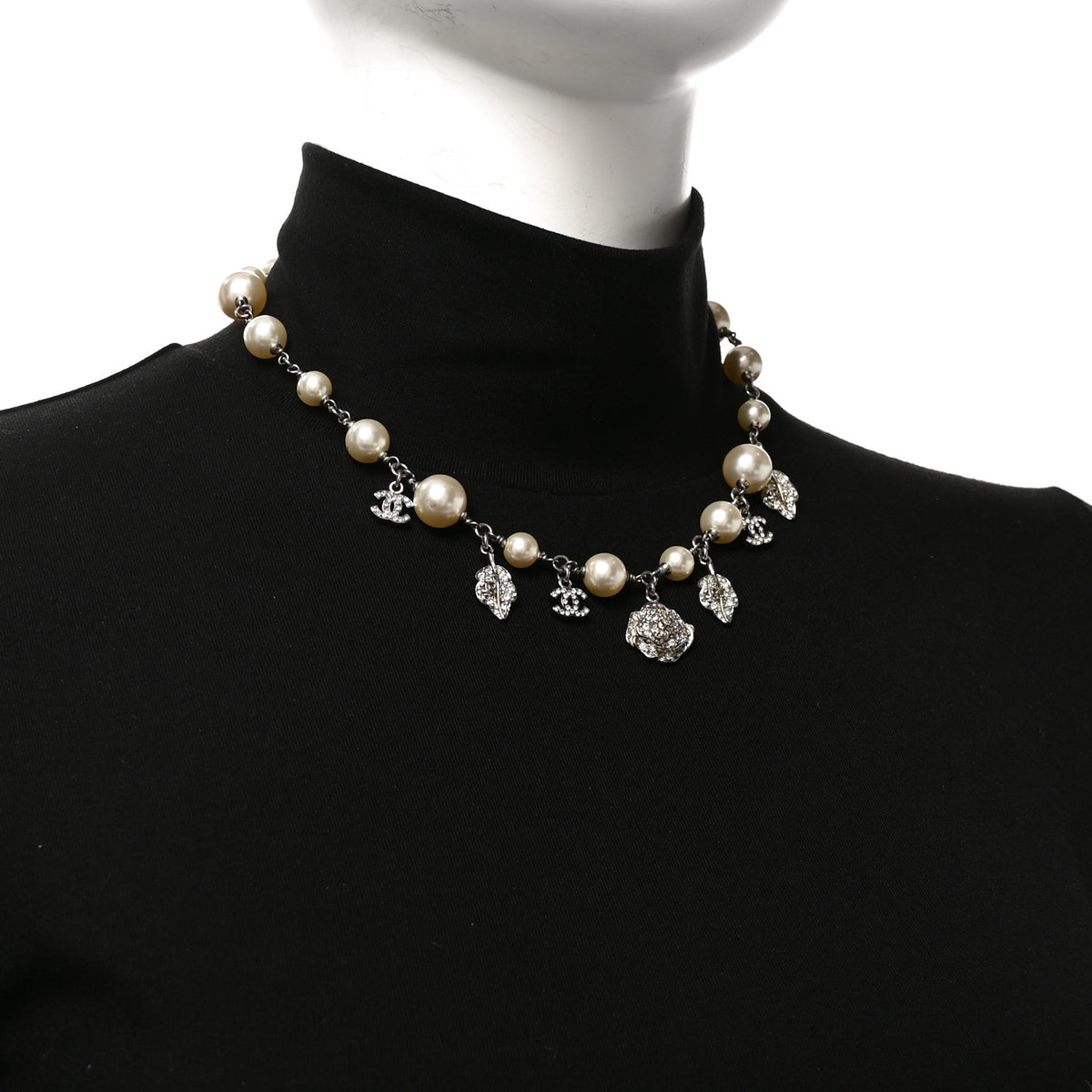 Chanel Crystal Pearl CC Camellia Charm Short Necklace Silver 2 of 5