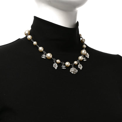 Chanel Crystal Pearl CC Camellia Charm Short Necklace Silver 2 of 5