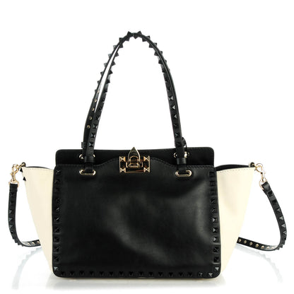 Valentino Garavani Vitello Monochrome Small Rockstud Tote Black Light Ivory 1 of 7