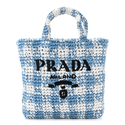 Prada Yarn Raffia Effect Crochet Embroidered Small Logo Tote Celeste 1 of 9