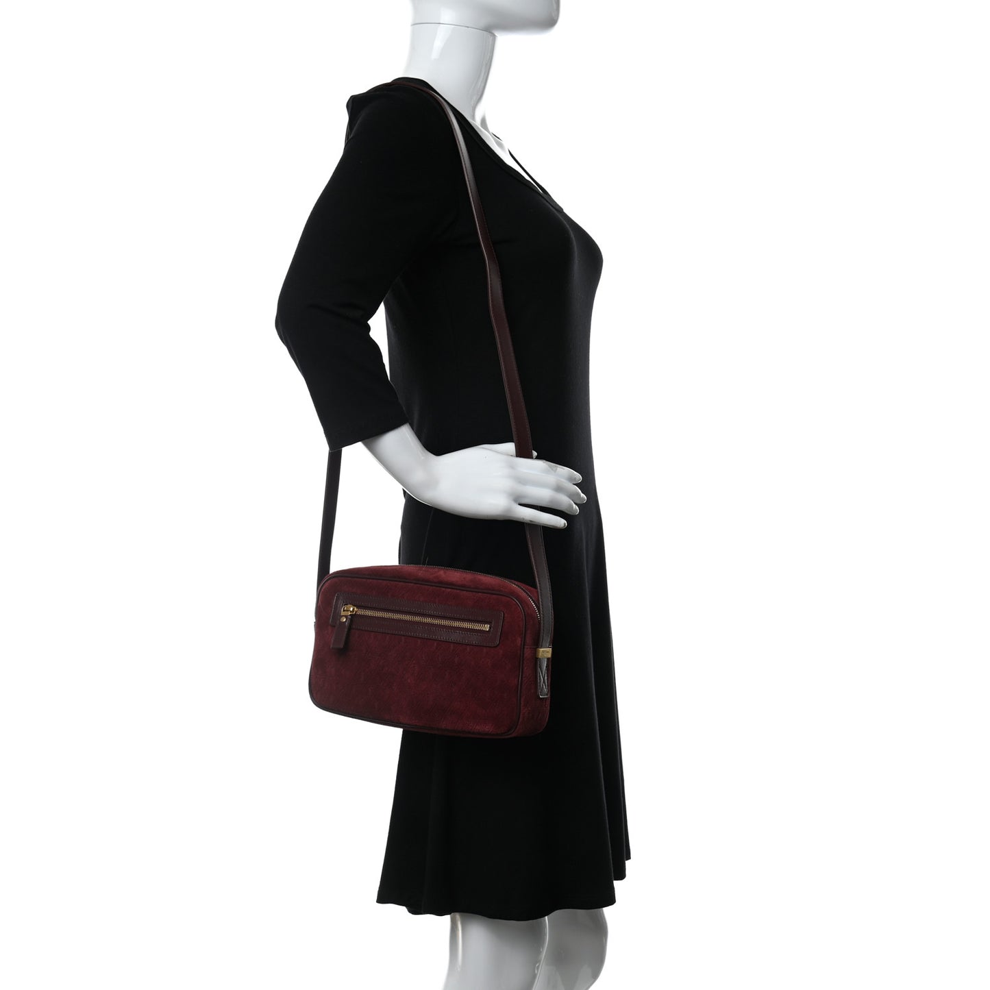 Suede Monogram All Over Camera Bag Burgundy