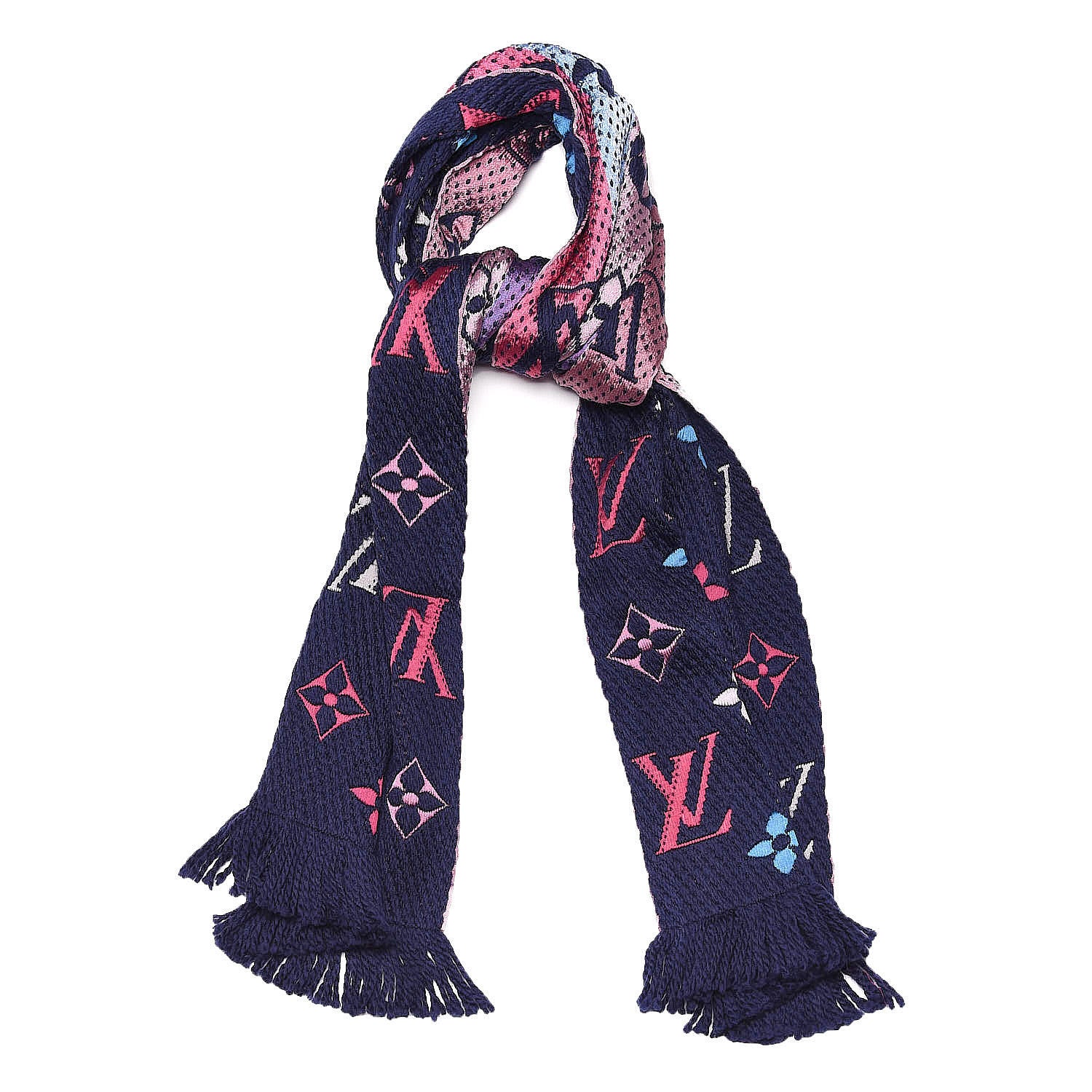 Louis Vuitton Wool Silk Rainbow Logomania Scarf Navy 1 of 4