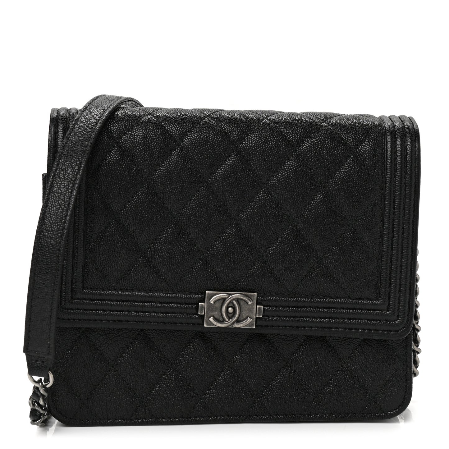 Caviar Quilted Boy Clutch With Chain Black