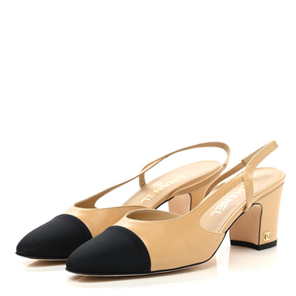 Chanel Goatskin Grosgrain Cap Toe CC Slingback Pumps 37.5 Beige Black 3 of 9