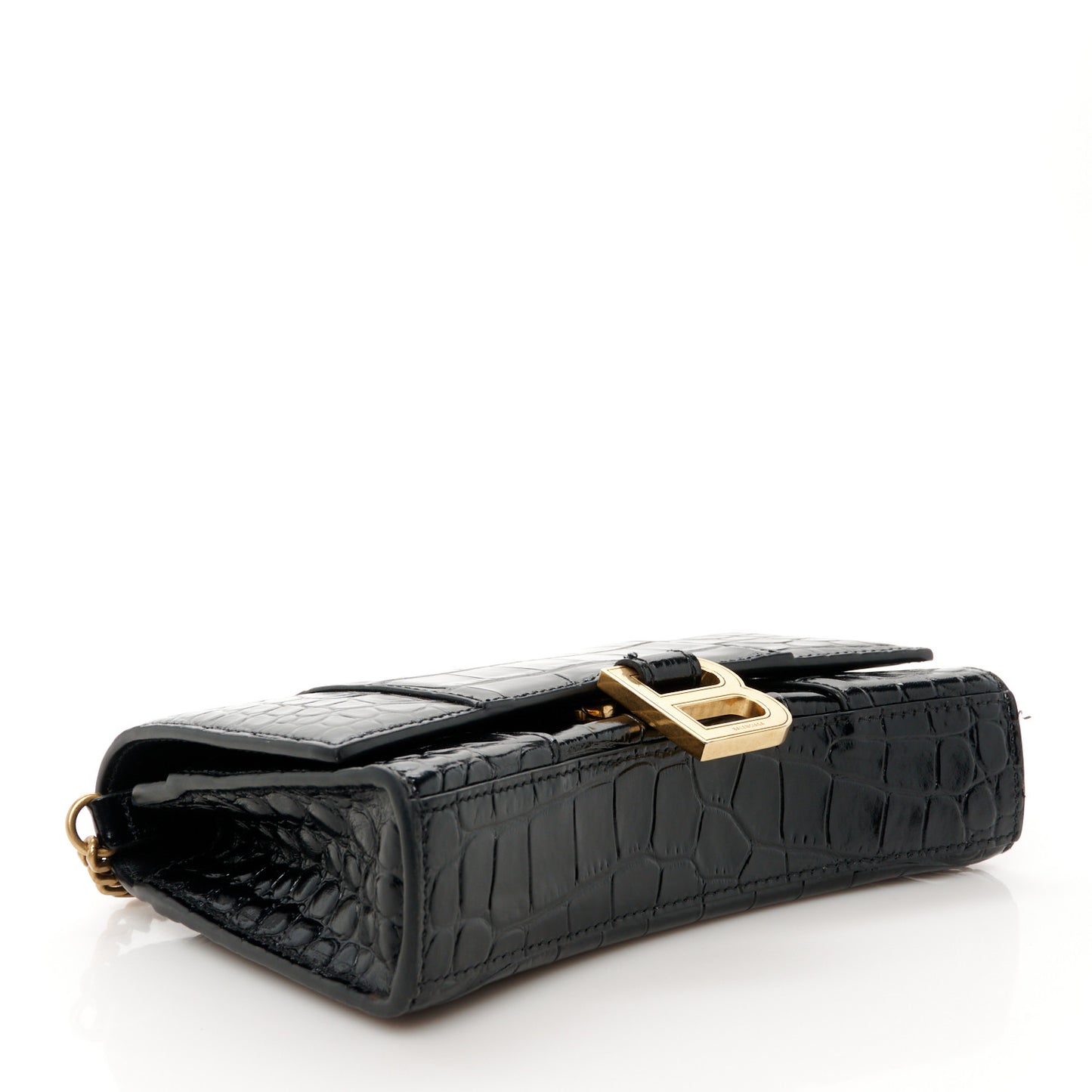 Shiny Calfskin Crocodile Embossed Hourglass Chain Bag Black