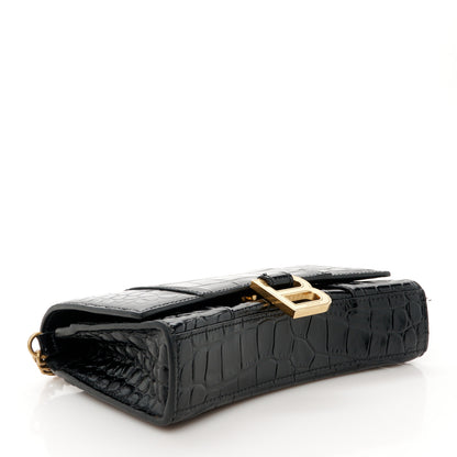 Balenciaga Shiny Calfskin Crocodile Embossed Hourglass Chain Bag Black 4 of 11