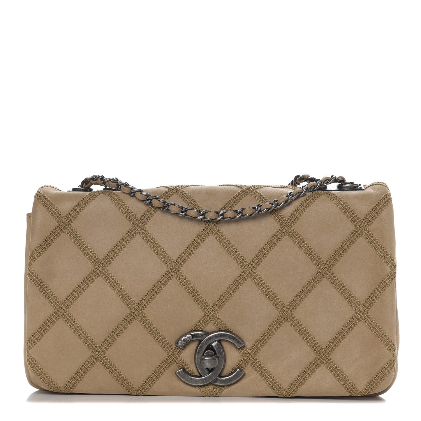 Suede Diamond Embellished Medium Single Flap Beige