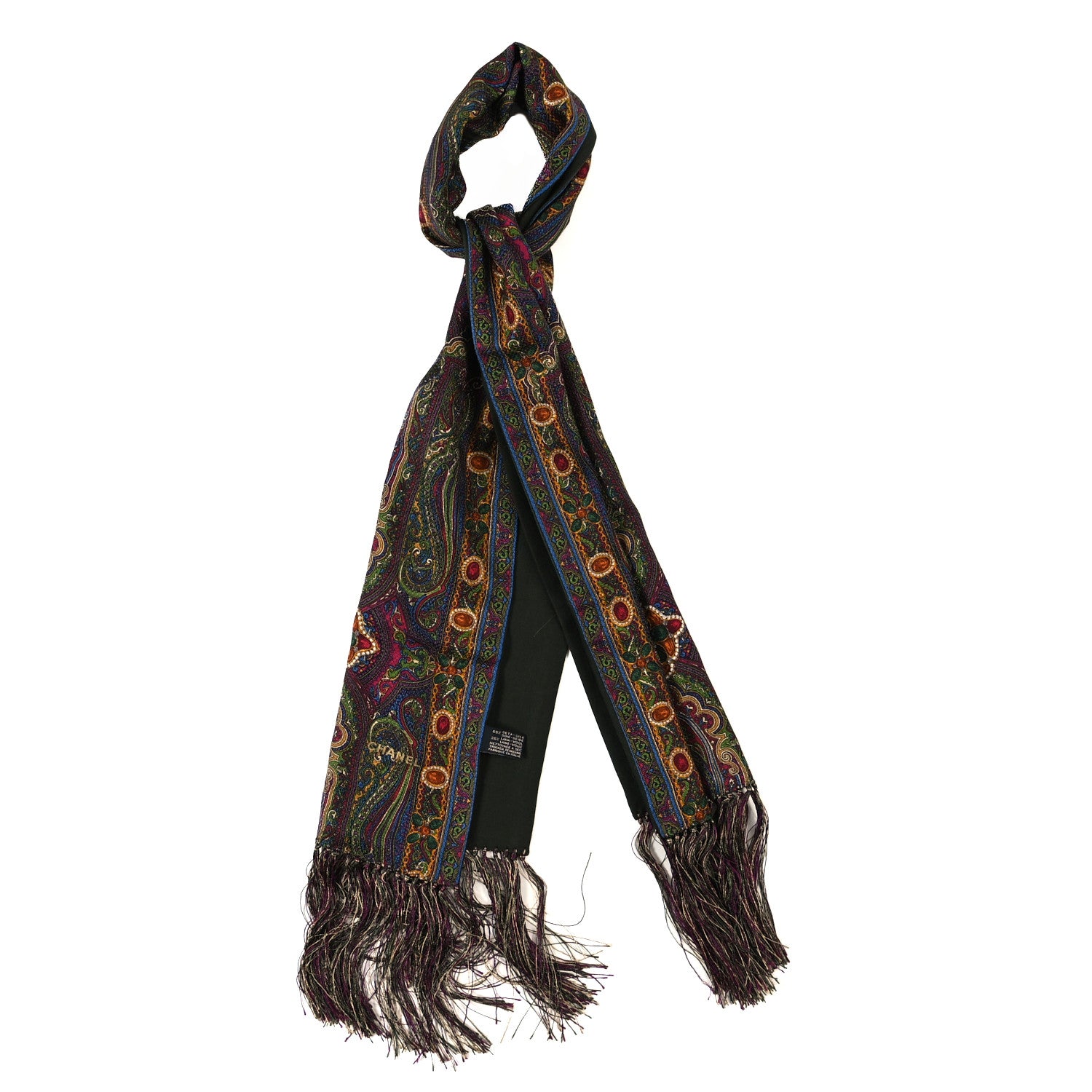 Chanel Silk Wool Paisley Jewel Fringe Scarf Khaki Multicolor 1 of 4