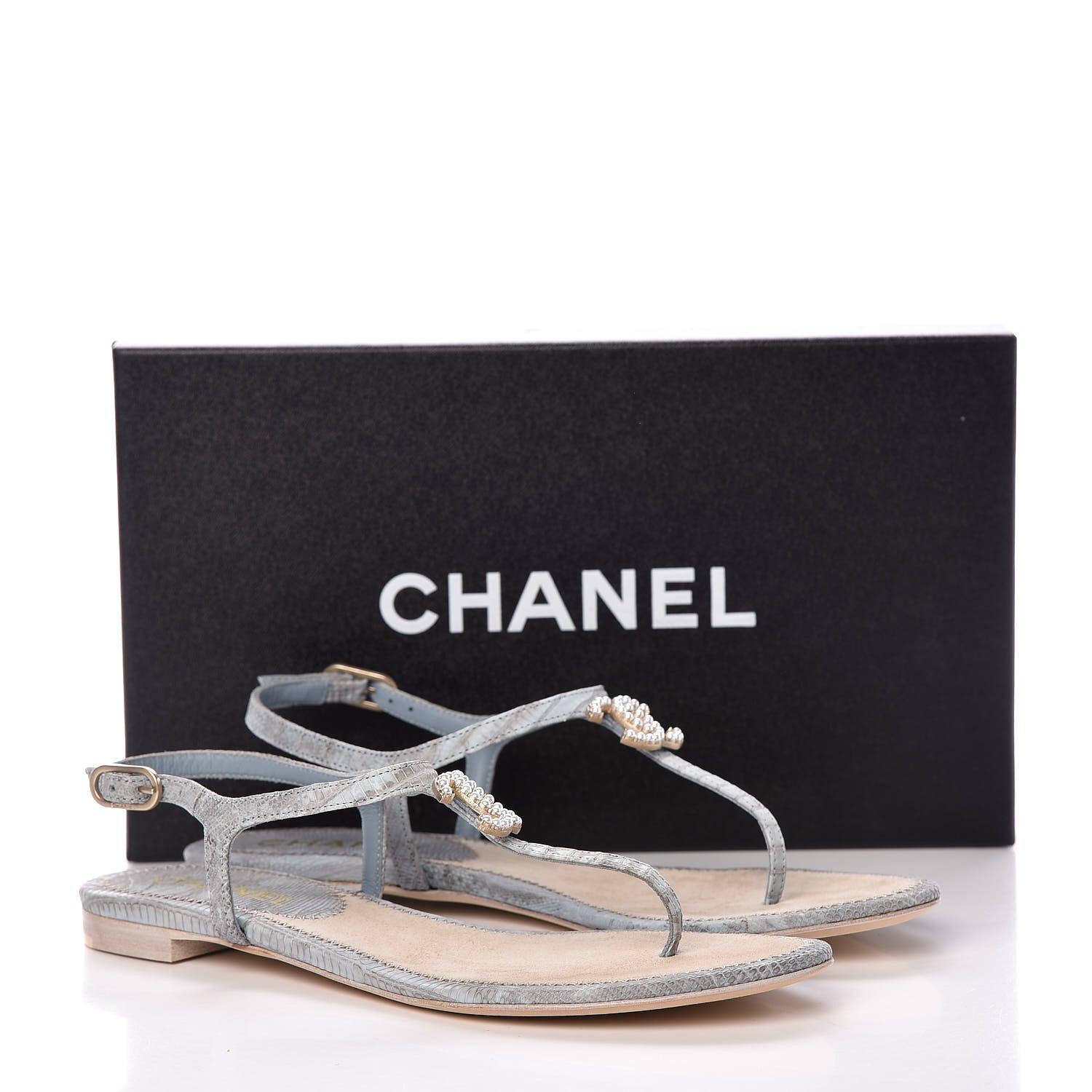 Chanel Lizard Pearl CC Sandals 37 Light Blue 9 of 9