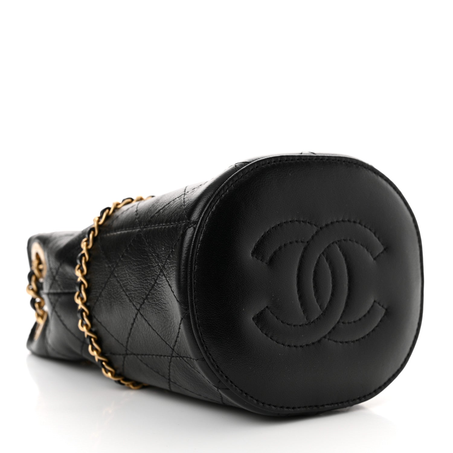 Chanel Shiny Lambskin Quilted Chain Around Drawstring Bucket Clutch With Chain Black 5 of 12