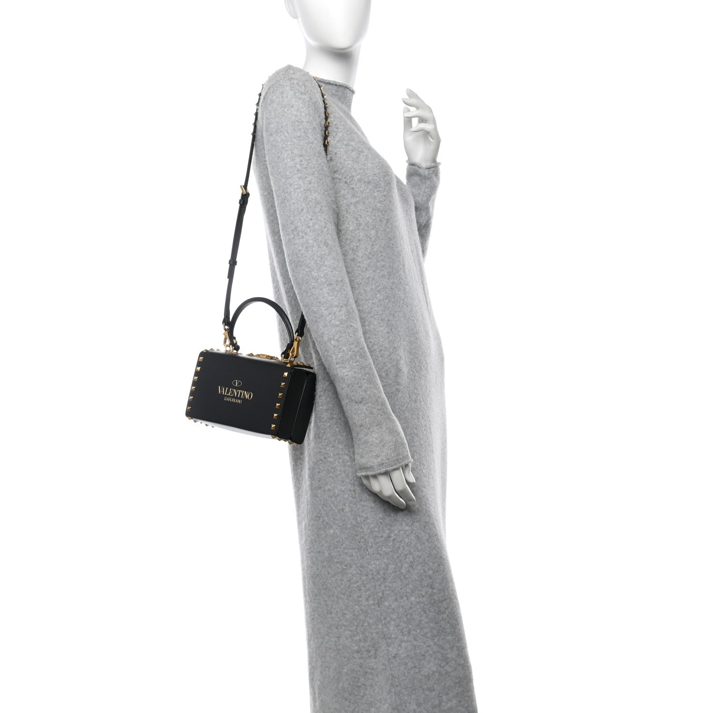 Grainy Calfskin Rockstud Alcove Box Top-Handle Bag Black