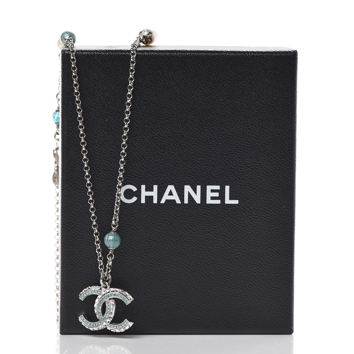 Crystal Pearl Bead CC Necklace Silver Green Blue